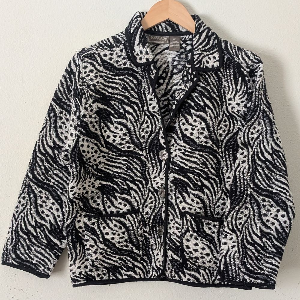 Vintage Jane Ashley Tapestry Jacket Black White Zebra Abstract Safari